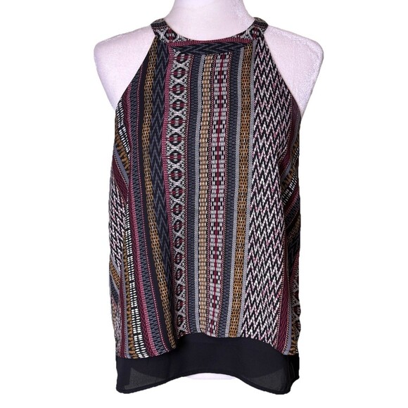 Monteau Tops - Womens Ethno Chic Ikat Tribal Print Halter Tank High Neck Flowey Top Size Medium